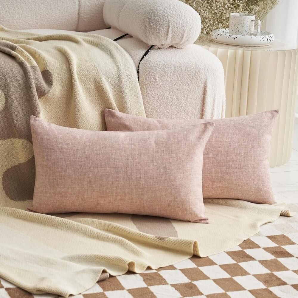 Demetex Pink Linen Pillow Covers 12 x 20 Decorative Pillowcases Set of 2 Rectang